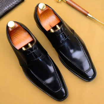 

Fashion Black / Brown Square Toe Mens Dress Shoes Genuine Leather Business Shoes Mens Formal Wedding Shoes US 11.5