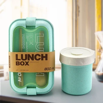 

Eco Friendly Wheat Straw Lunch Box Set Portable Bento Boxes with Tableware Outdoor Lunchbox Soup Box
