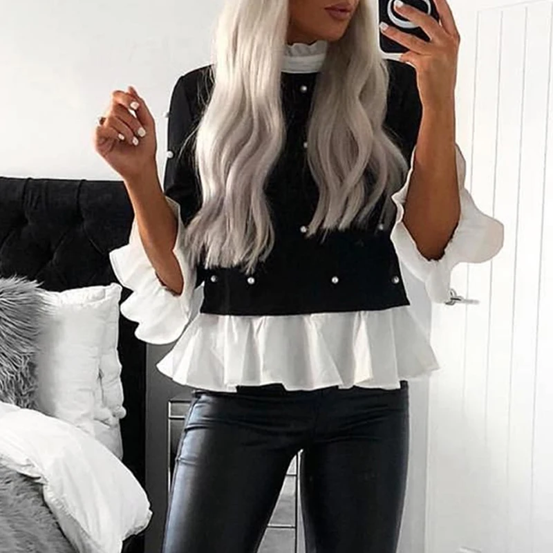 Billige Perlen Rüschen Elegante Langarm Patchwork Dünne Frauen Herbst Bluse Büro Damen Casual Harajuku Koreanische Blusa Tops SJ4885E