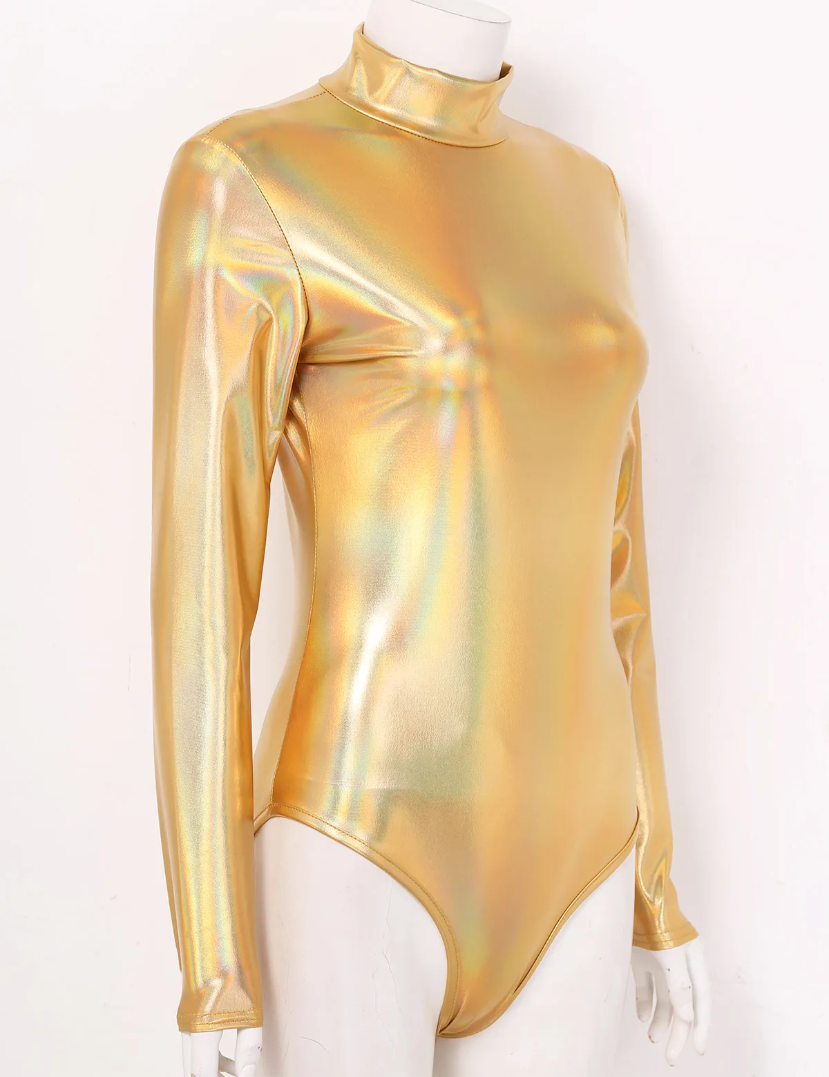 Сексуальный женский цельный Блестящий металлический комбинезон водолазка с длинными рукавами Леотард для гимнастики и танцев боди Клубная одежда Сценическое представление