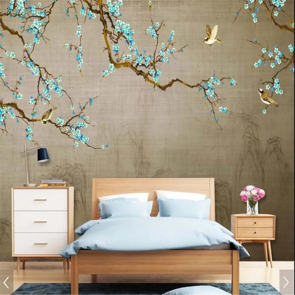 Milofi custom wallpaper mural new Chinese style hand-painted blue plum flowers and birds background wall