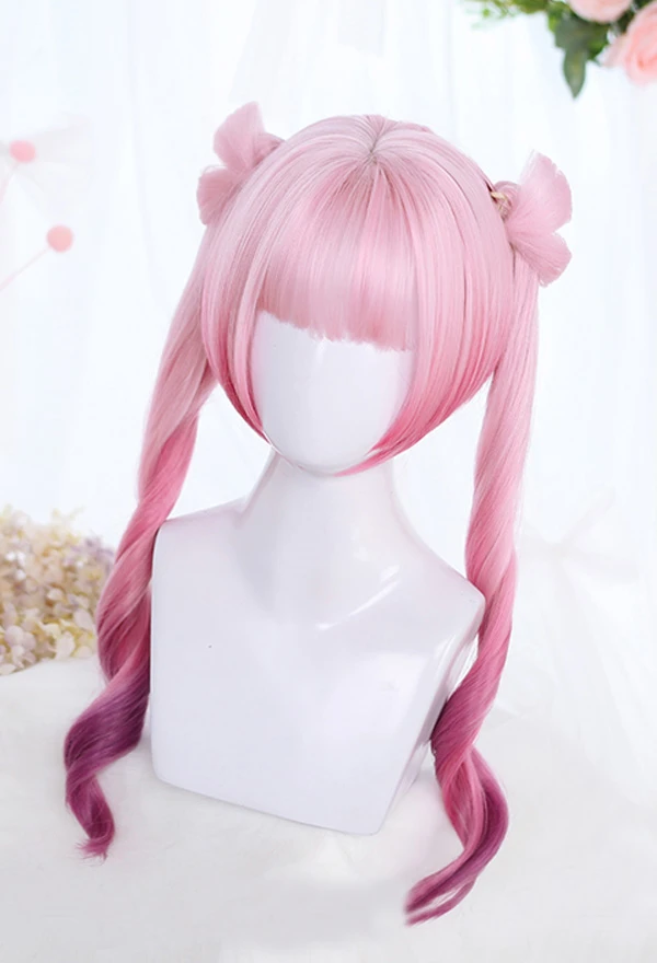 ロリータハロウィン原宿コスプレウィッグ グラデーション ピーチピンク ミックスカラー ロング ウェーブ カーリー ダブルポニーテール 映画 テレビ衣装 Aliexpress
