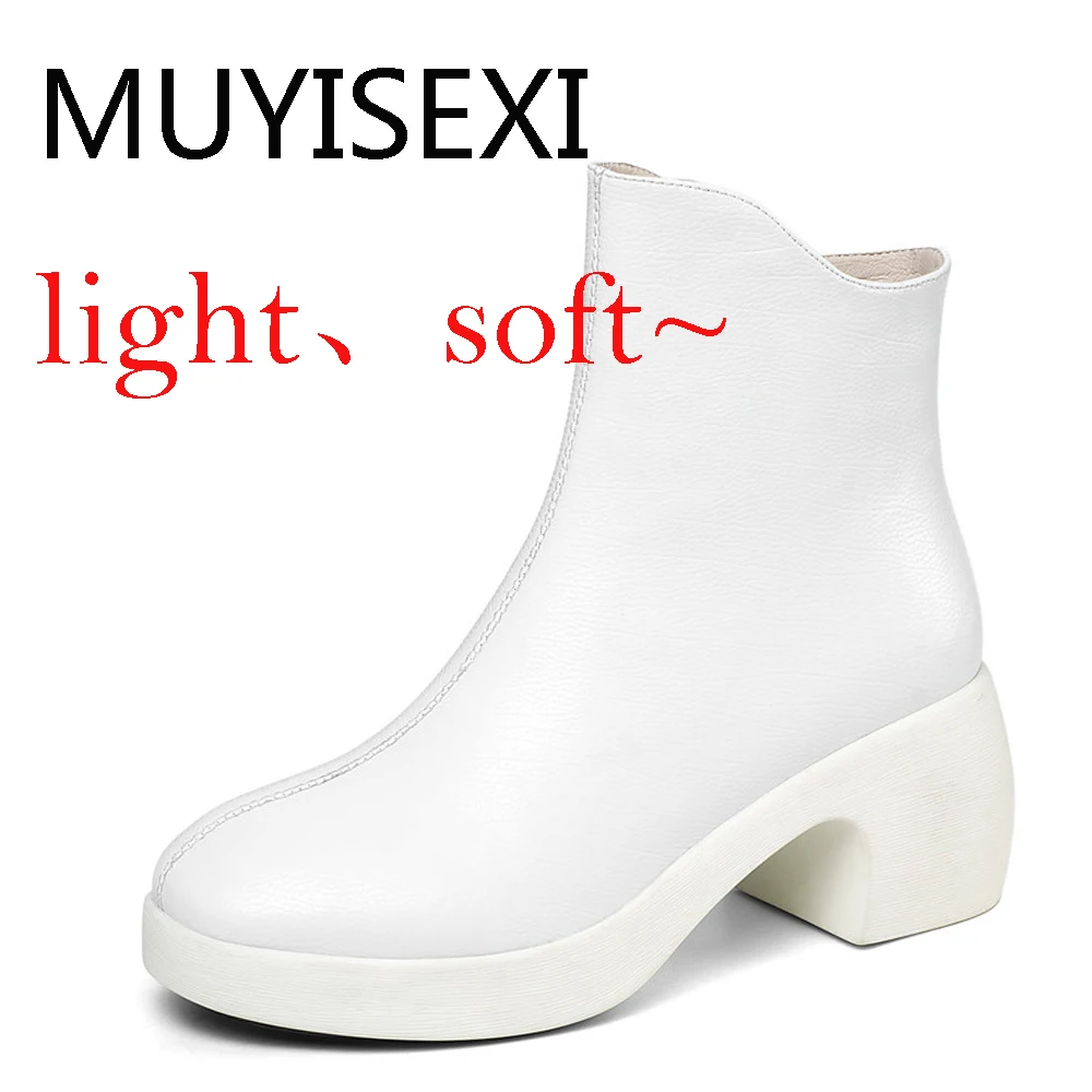 Light Soft Comfortable! Thick Platform Square Heels Women Genuine Leather Ankle Autumn Boots For Black LIN01 MUYISEXI | Обувь