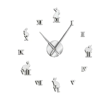 

Rabbit with Roman Numerals DIY Large Wall Clock Animals Home Decor Frameless Wall Clock Mirror Effect Bunny Children Clock Silve