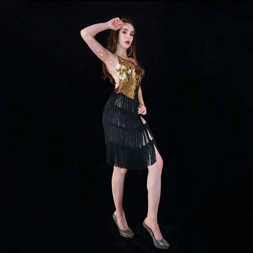 Мода Sparkly Блесток Кисточкой Full Mesh Праздновать День Рождения Платье See Through Платье Черные Голые Женщины Сексуальный Костюм Dance Show Dress