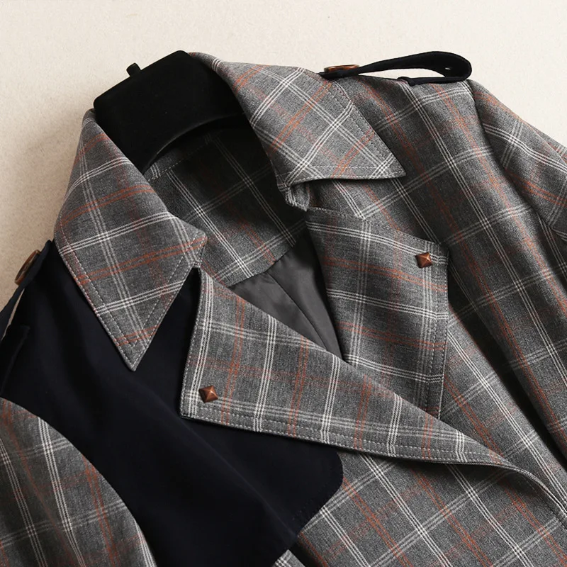Fall Winter Fashion Plaid Coat Long Fashion Stitching Grey Jacket Double-breasted Loose Belted Coat Female Windbreaker