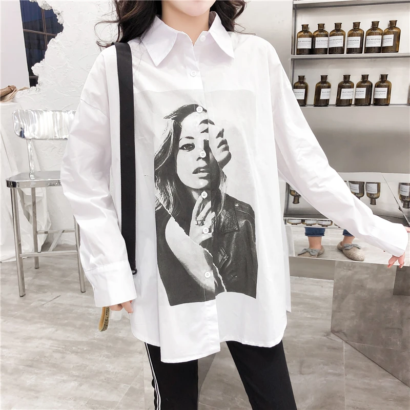 2020 Spring Summer Women Blouses BF style loose shirts Harajuku Streetwear Character Print Long Sleeve Blouses Shirts