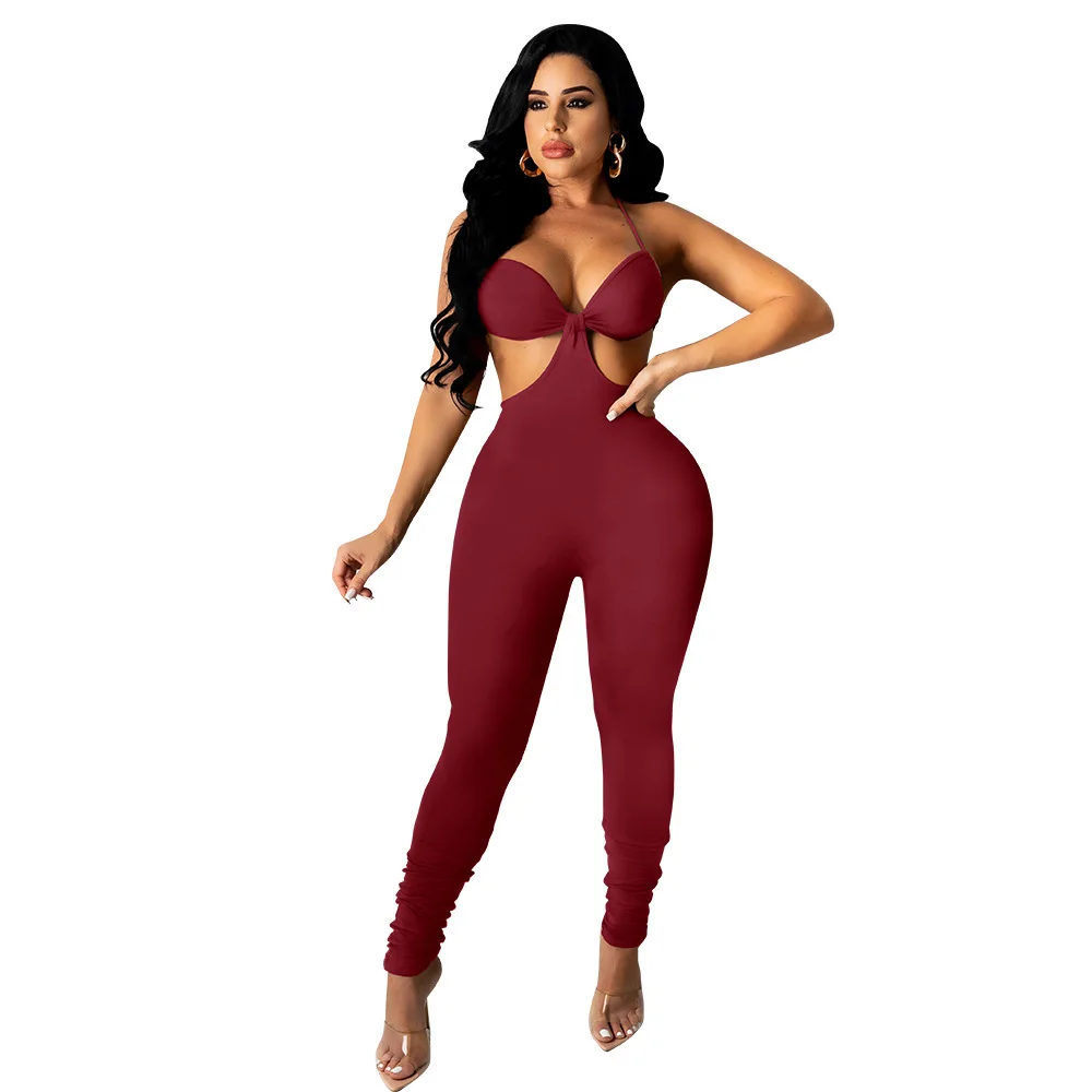 Sexy Club Party Sleeveless Suspenders 2021 Women Backless Straps Tight Skinny Patchwork Long Jumpsuits