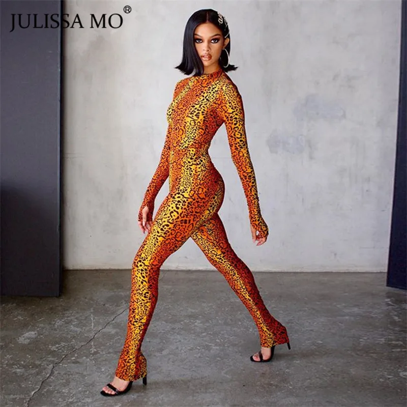 Julissa mo Леопардовый принт сексуальный фитнес-комбинезон для женщин Водолазка с длинным рукавом комбинезон комбинезоны хлопковые эластичные повседневные Боди Комбинезоны