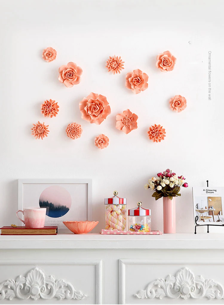 Chinese Orange Ceramic Peony Rose Flower Wall Hanging Home Livingroom Wall Sticker Decoration Cafe Store Lobby Mural Crafts