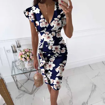 Women Floral Print Midi Dress Plus Size Ruffles Sleeve V-neck Slim Vintage Dresses 2