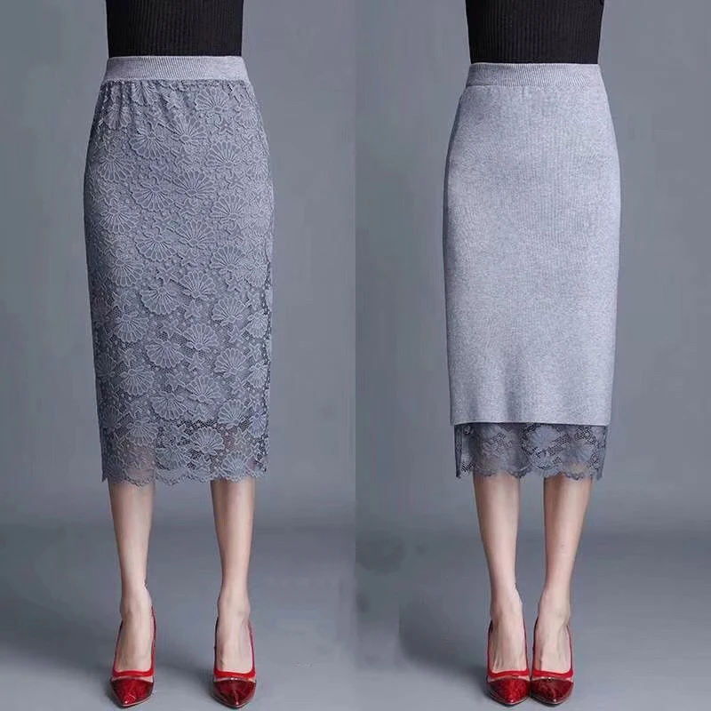 

Chic Double-side Knitted Lace Skirt Women 2018 Autumn Winter Sweater Skirt Women A-line Skirt Female Solid Split Back Long Skirt