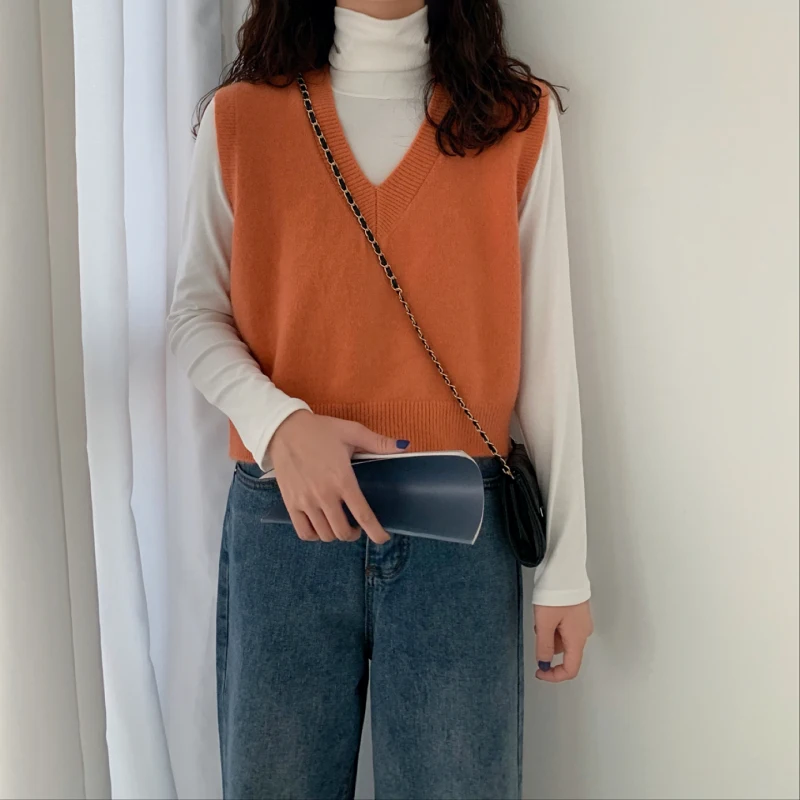 Korean Style Soild Color Women Sweater Vest Short Paragraph Loose Sweater Women's Autumn Wear New Wild Female Sweater Vest