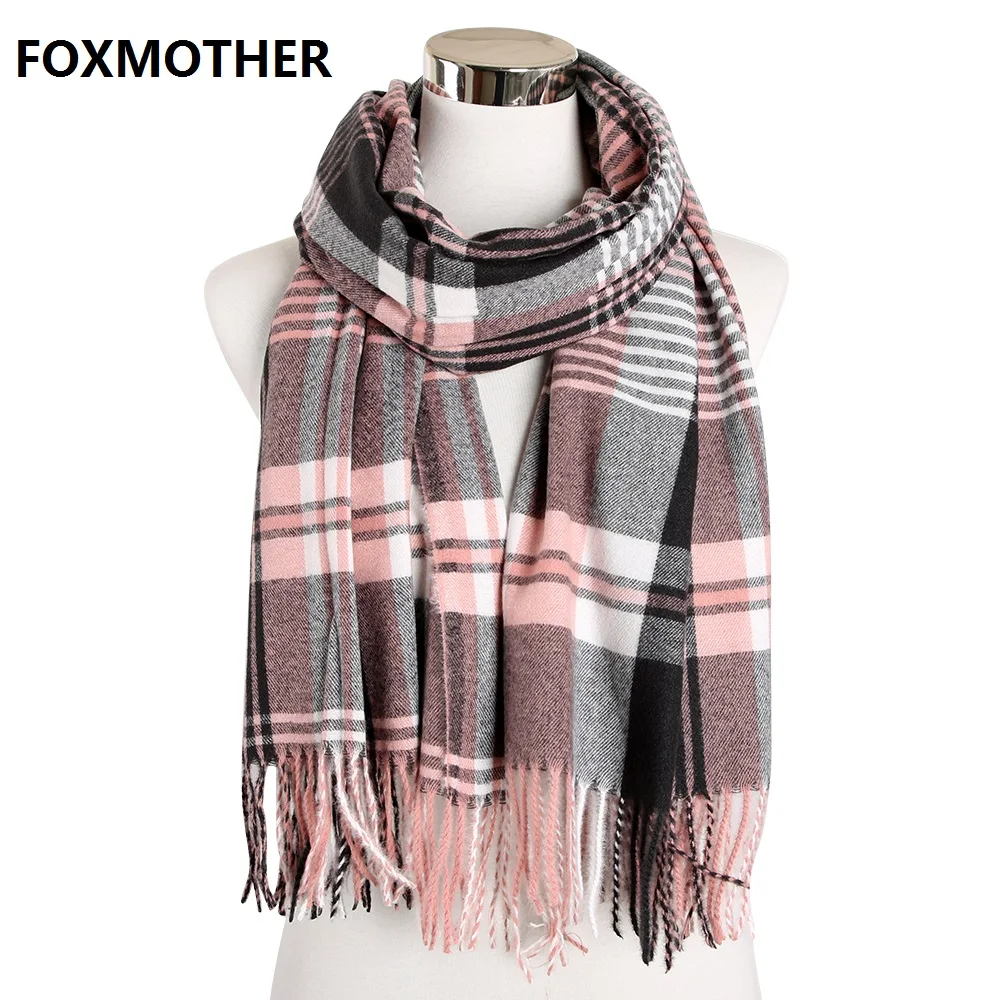 FOXMOTHER/, осенне-зимний теплый женский кашемировый шарф, палантин с бахромой, белый, розовый, клетчатый палантин шаль foulard femme