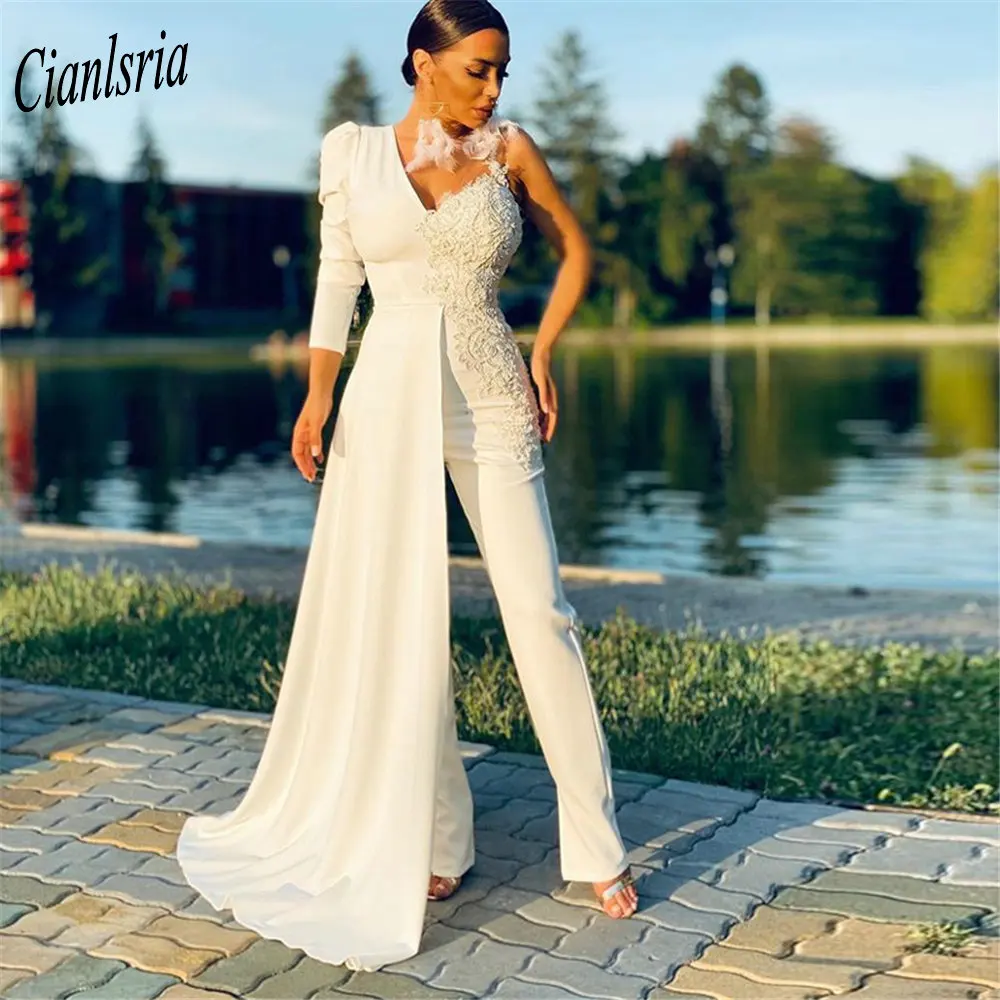 Ivory One Shoulder Evening Jumpsuit Dress Three Quarter Sleeve Appliques  Lace Formal Evening Party Cape Dresses