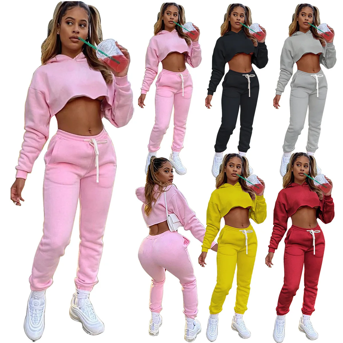 

Woman Thick Tracksuit Hooded Long Sleeve Short Crop Top and High Waist Drawstring Pencil Pants Solid Color 2 Pieces Set S-3XL