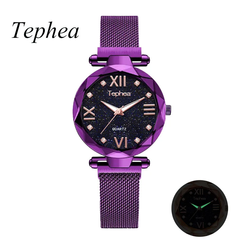 ЖЕНСКИЕ НАРЯДНЫЕ часы, звездное небо, женские наручные часы, кварцевые часы, Роскошные, с магнитной сеткой, женские часы, relogio feminino, для подарка - Цвет: purple -1