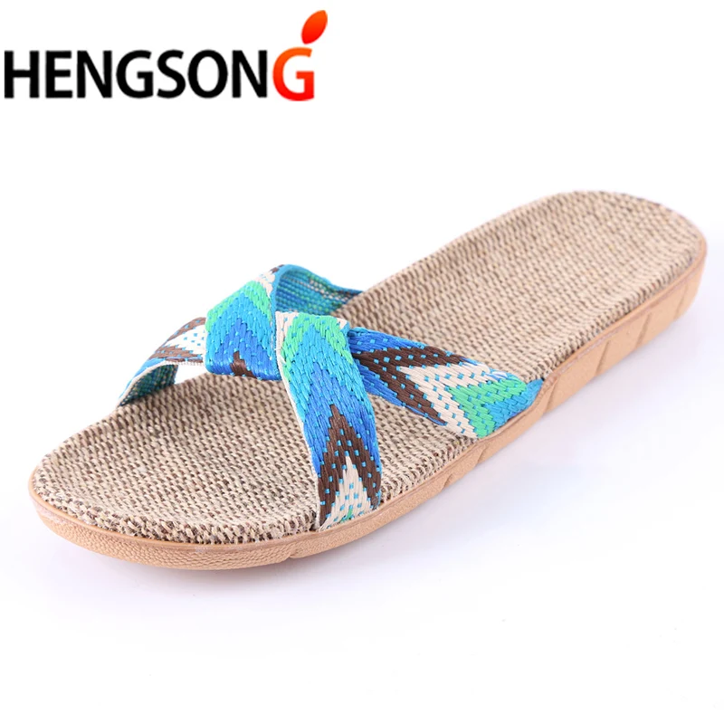 

GAOKE 2020 Summer Slippers For Women Chain Slides Home Floor Shoes Flax Cross Belt Silent Sweat Slippers Women Sandals 910357