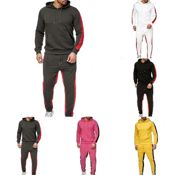

2 Pieces Sets Tracksuit Men New Brand Autumn Winter Hooded Sweatshirt +Drawstring Pants Male Stripe Patchwork Hoodies Bigsweety