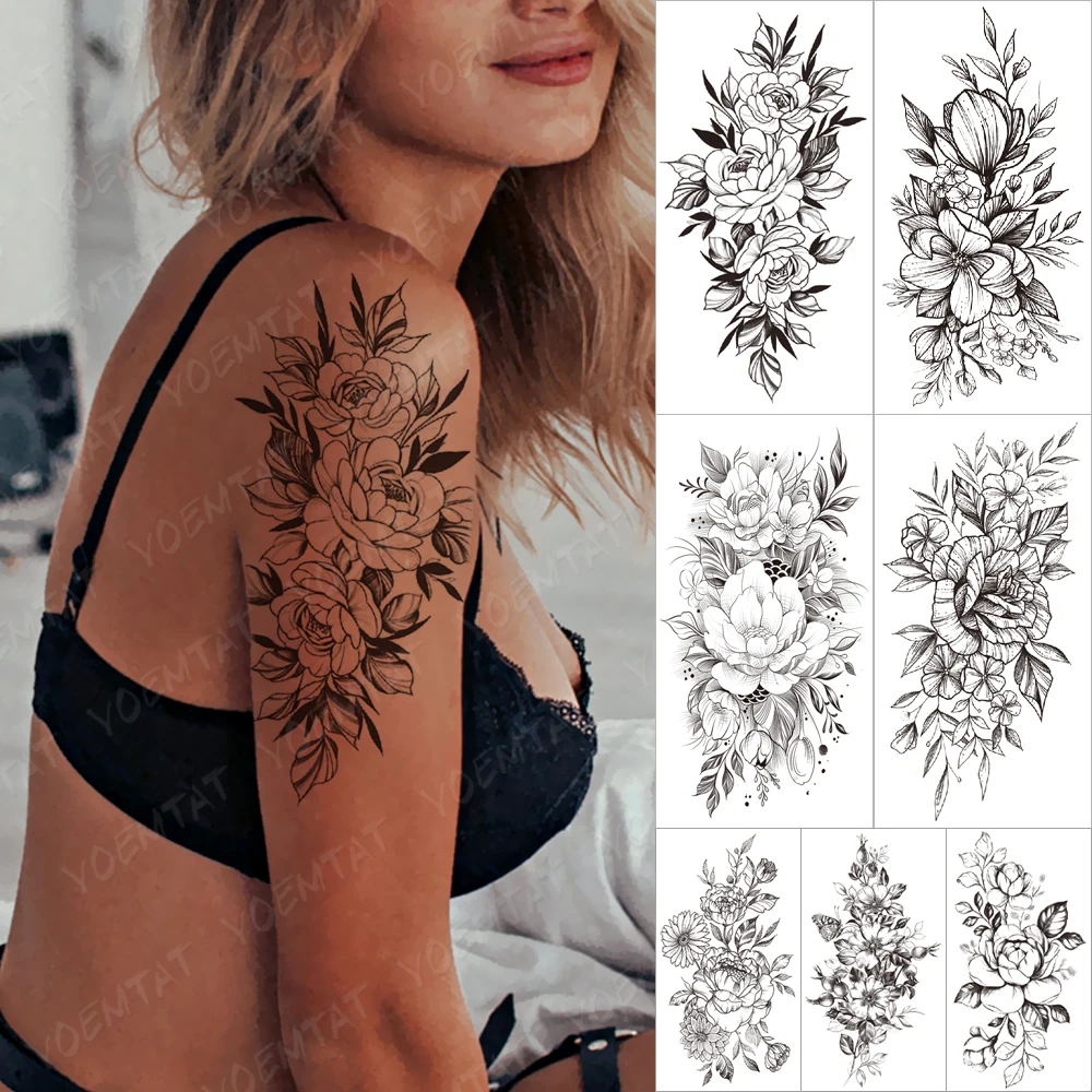 

Waterproof Temporary Tattoo Sticker Rose Flower Moon Pearl Chain Flash Tattoo Female Black Sexy Body Art Chest Fake Tattoo Women
