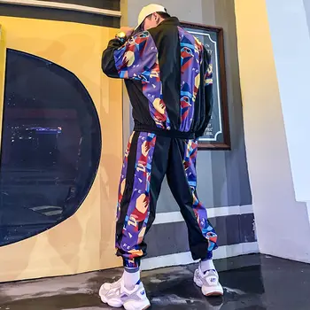 

Fashion Men Set Two-piece Set Splice Printed Loose Suit Male Street Dance Tracksuit 2020 Men Coat Suit Hip-hop Sports Jacket Men