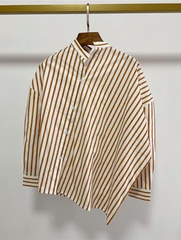 

2020 Spring Cotton Women Stripes Shirts Ladies Asymmetric Wild Stylish Long SleeveFashion Female Blouses And Tops