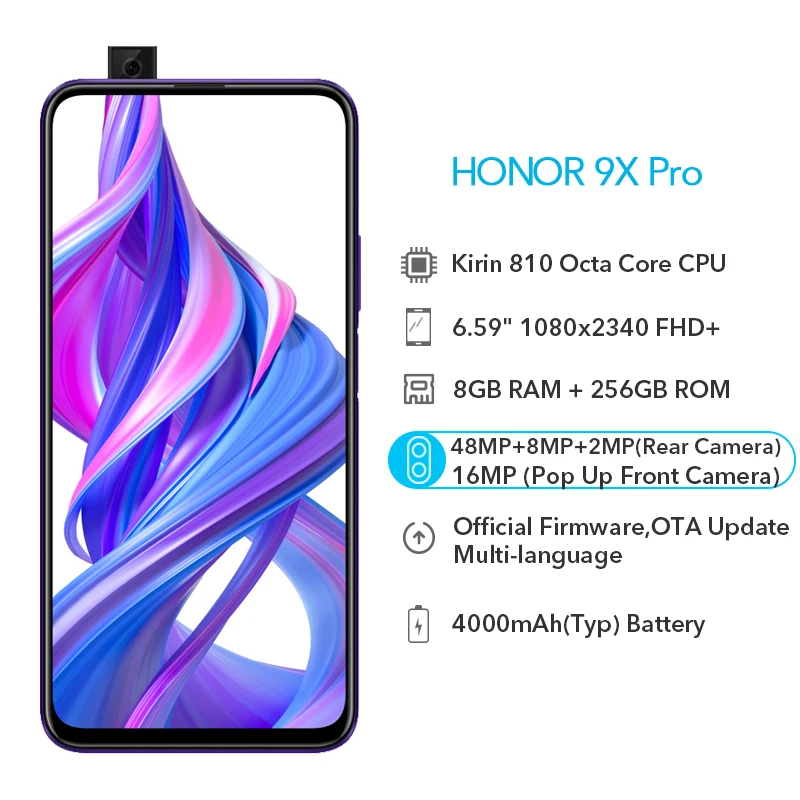 Pаспродажа Смартфон Honor 9X Pro, 8 ГБ, 128 ГБ, 256 ГБ, 2340x1080 P, 6,59 дюймов, полный экран, 8 Мп, 3 камеры, 4000 мАч, GPU Kirin 810, Восьмиядерный