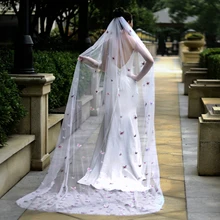 Unique Bridal Veil with 3D Butterfly-Flower for Women Marriage New Arrival Pink Color Wedding Veil