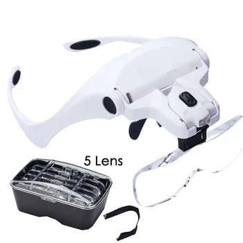 

Toy Sports 5Lens (1.0X 1.5X 2.0X 2.5X 3.5X) Adjustable Headband LED Magnifier Glass Loupe LED Light Magnifying Glasses With Lamp