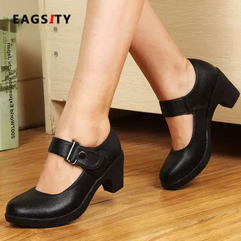 

EAGSITY Mary Jane shoes high heel women ankle strap round toe square heel pumps dancing party wedding shoes black