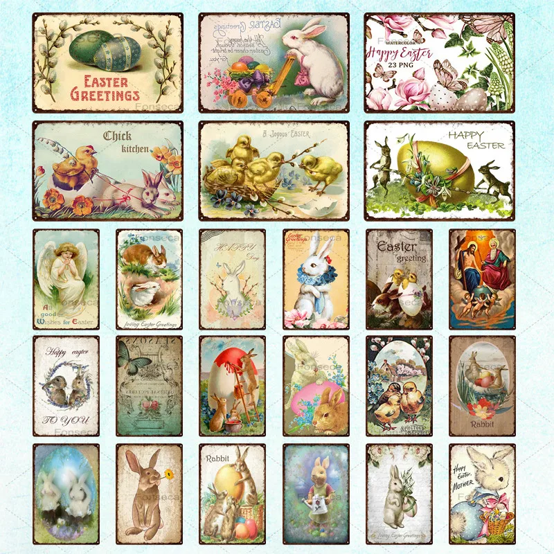 Cartoon Raabbit Vintage Metal Tin Sign Poster Cute Animal Flowers Plaques for Home Family Easter Egg Hunt Party Gift Wall Decor | Дом и сад