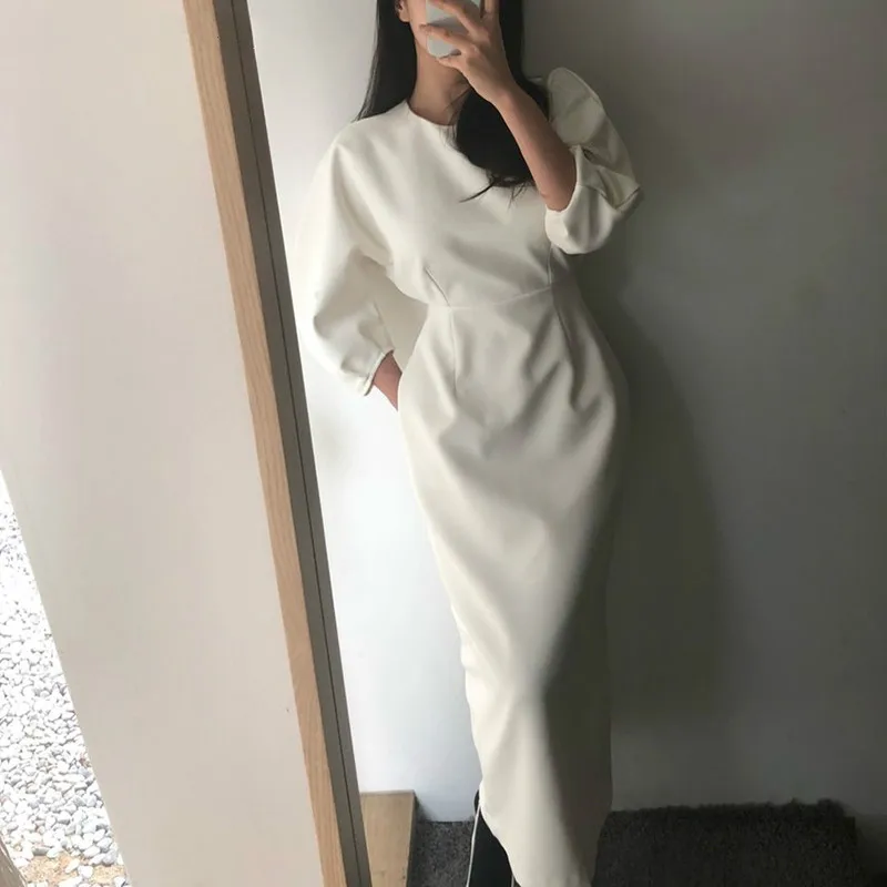 

Elegant Simple Women Package Hip Dress 2019 Autumn Winter Solid Slim Fit High Waist Female Long Dress Skinny Dress