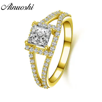 

AINUOSHI Trendy Double Layer Halo Ring 14K Solid White/Yellow Gold Pave Setting Princess Cut Sona Diamond Women Engagement Ring