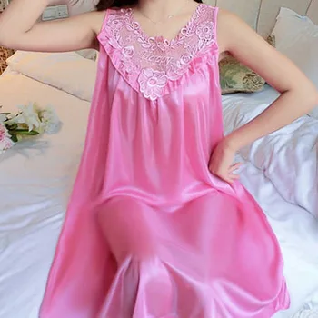 

Ladies Sexy Silk Satin Night Dress Sleeveless Nighties V-neck Nightgown Plus Size Nightdress Lace Sleepwear Nightwear For Women