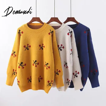 

Demandi sweater women's autumn and winter new cherry jacquard pattern leisure fashion daily commuting knitting women's Pullover