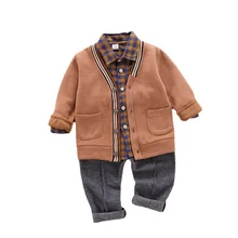 Spring Autumn Children Casual Clothes Baby Boys Girls Jacket Plaid Shirt Pants 3Pcs/sets Kids Clothing Infant Cotton Sportswear