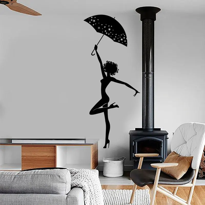 

Girl Beauty Pretty Sexy With Umbrella Romantic Wall Sticker Vinyl Home Decor Interior Dance Decals Removable Mural Wall Art A383