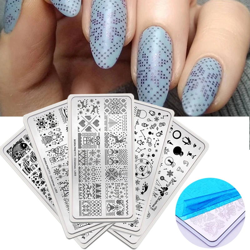 

5 Pcs/Set Stamping Plate Mix Stamp Image Stainless Steel Rectangle Nail Art Stamp Template Christmas Xmas Nails Tools Set 6*12cm