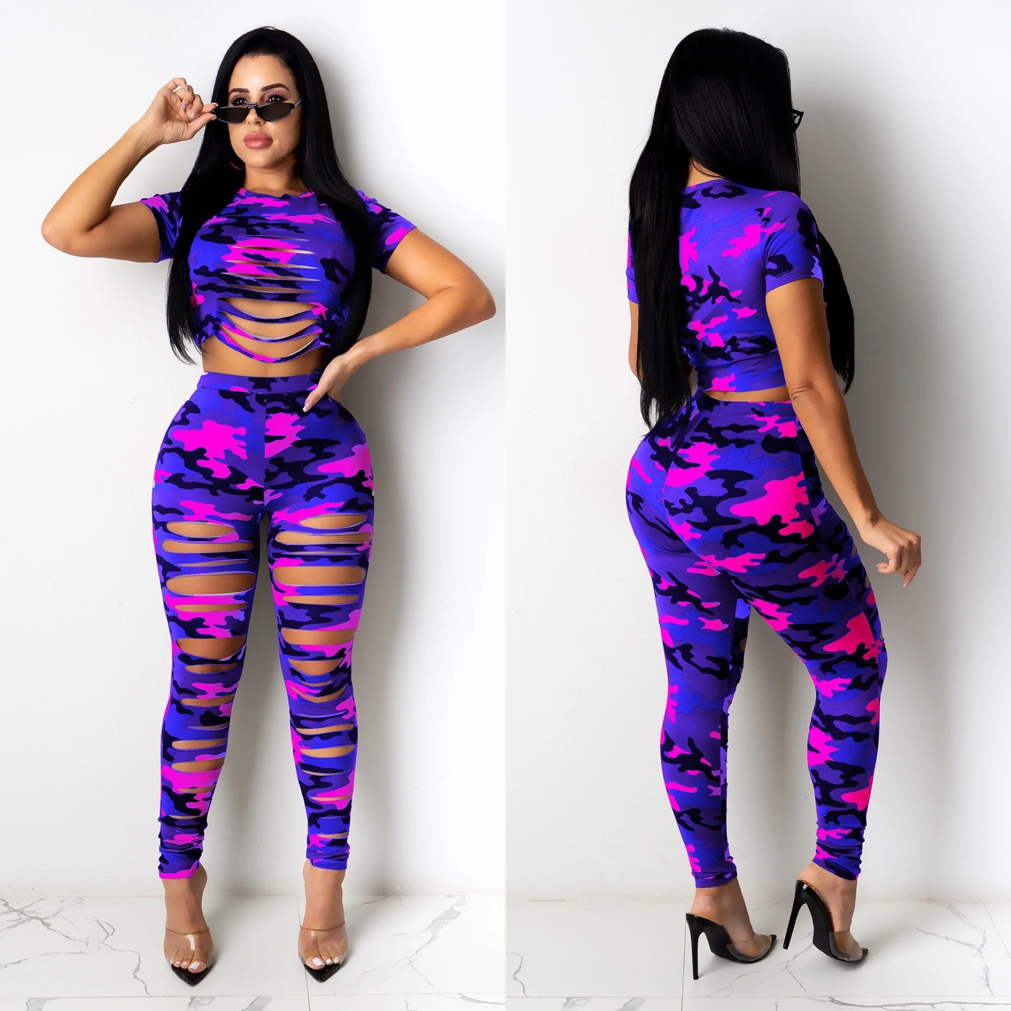 

New Fall Women Camouflage Print Hole Mini Crop Tee Tops Hollow Out Jogger Pants Suit Two Piece Set Sport Tracksuit Outfits