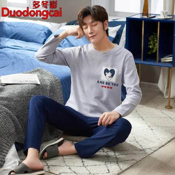 

2020 Autumn and Winter New Style Knitted Cotton Pajamas Crew Neck Pullover Set Men May Outer Wear Clothing Manufacturers Direct