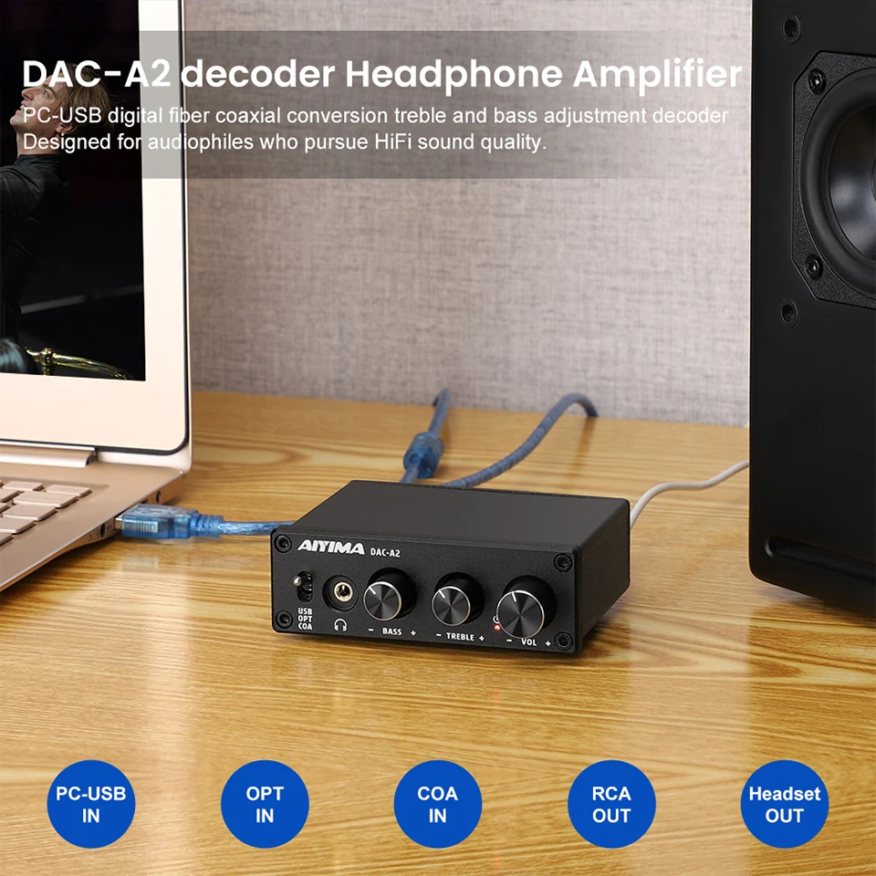 Fone de Ouvido Conversor para Desktop Aiyima Áudio Mini Estéreo Usb Gaming Dac Decodificador Amplificador Adaptador Alimentado Ativo Alto-falante a2 - Image 4