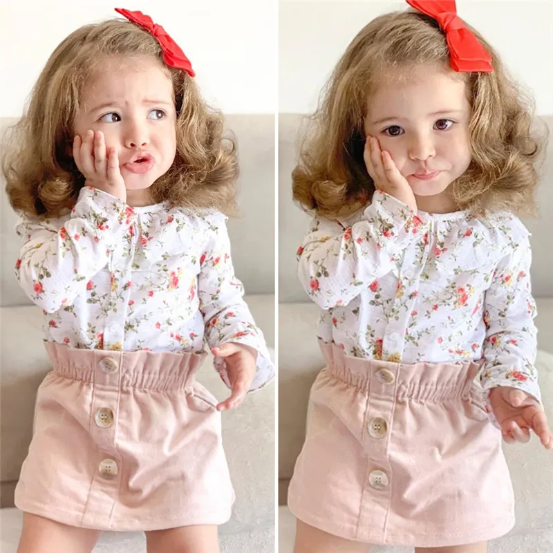 

1-5 Years Kids Clothes Set Children Baby Girls Flower Print Flare Long Sleeve T-shirt with Pink Mini Skirt 2Pcs Set Outfits