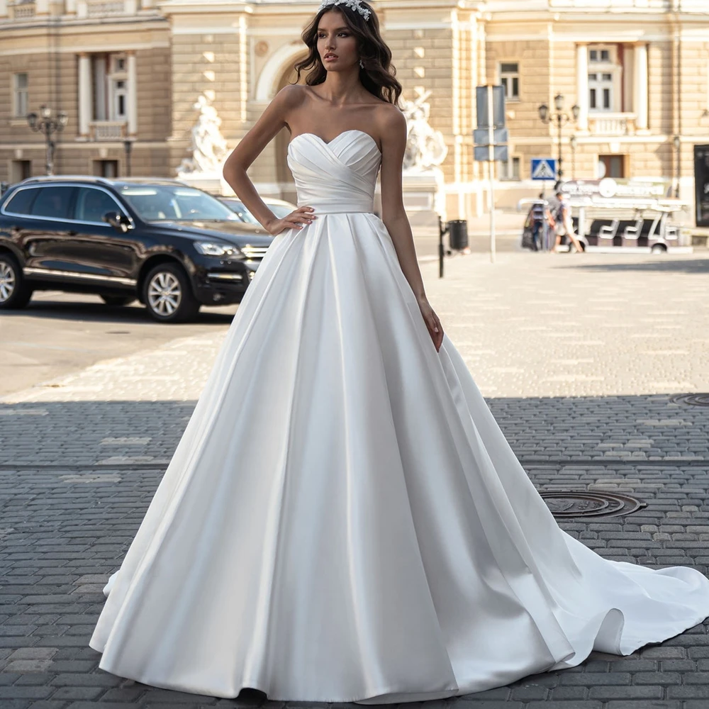 second hand wedding dresses 2022 Elegant A Line Strapless Wedding Ball Gown Sleeveless Backless Satin Princess Wedding Dress For Women Vestidos De Noiva modest wedding dresses