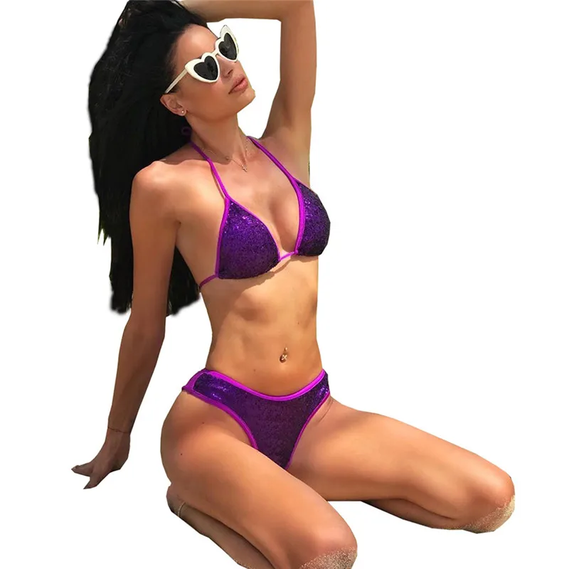 

Women Triangle Push-up Padded Bra Bikini Set Shiny Sexy Swimwear Bathing Suit Swimsuit 2020 Summer Holiday Fashion Beachwear