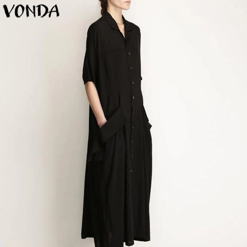 Летнее модное Макси длинное хлопковое платье для женщин VONDA женские повседневные свободные вечерние платья с коротким рукавом однотонные платья больших размеров