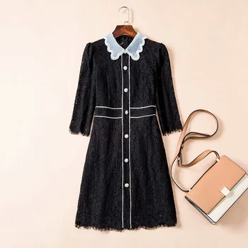 

France style women's elegant black lace dress 2020 Autumn Designer High quality beading long sleeves lace dress C265