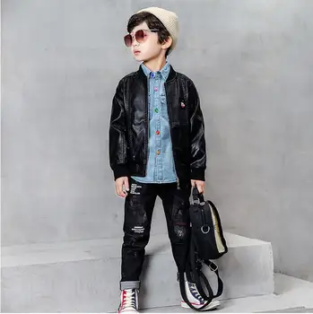 

Boys Clothes Faux leather coat + shirts + jeans 3PCS set Autumn Spring Kids Clothes Children Kids Boys Clothing Set 2-6year