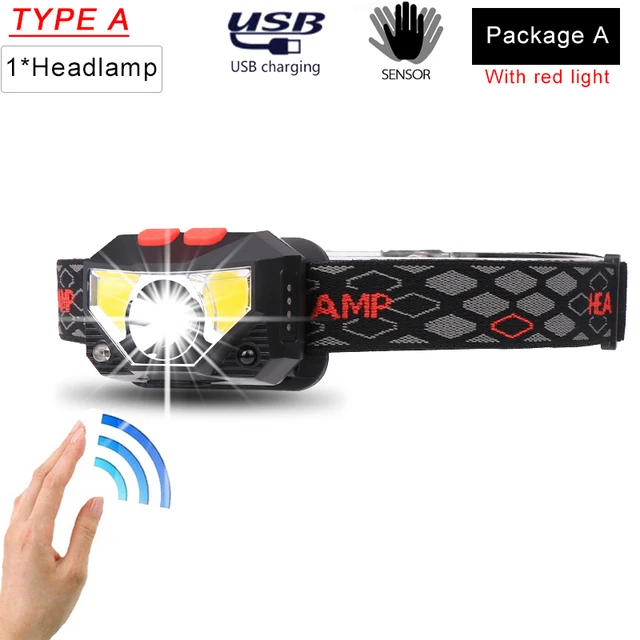 Powerful LED Headlight Sensor Head Light USB Rechargeable Headlamp Head Torch Waterproof for Camping Hiking Fishing Package A