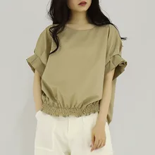 Women Summer Blouse Army Green Round Neck Short Flare Sleeve Office Lady Shirts Casual Loose Bowknot Blouse Minimalist Women Summer Blouse Army Green Round Neck Short Flare Sleeve Office Lady Shirts Casual Loose Bowknot Blouse Minimalist