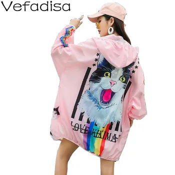 

Vefadisa Animal Cat Print Sunscreen Jacket Women 2020 Summer Beach UV Jacket Stripe Sun Protection Clothing Women Pink QYF2498